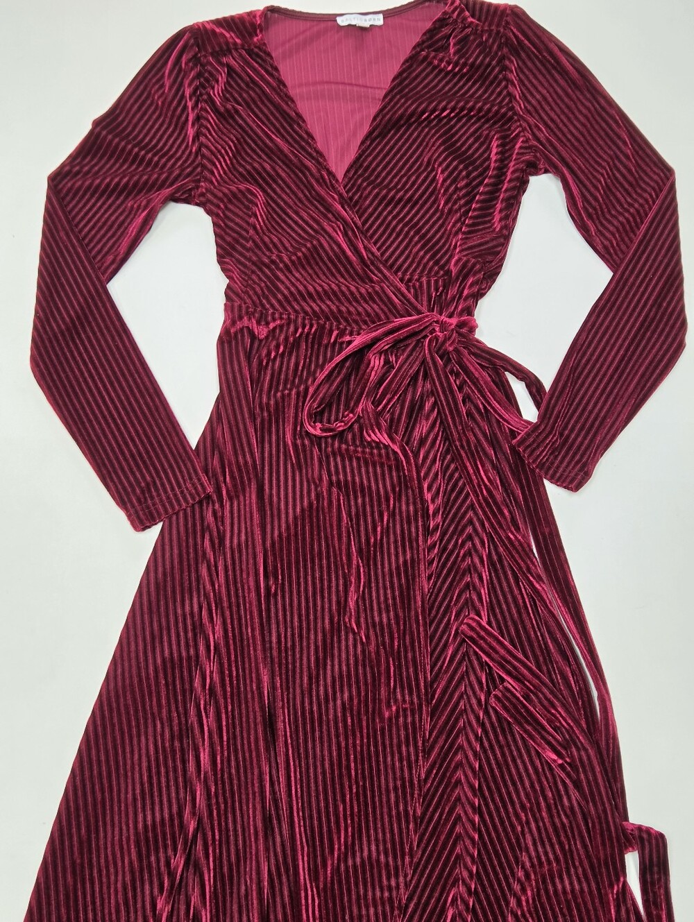 Baltic Born Red/maroon velvet ribbed true wrap dress high low long sleeve size S